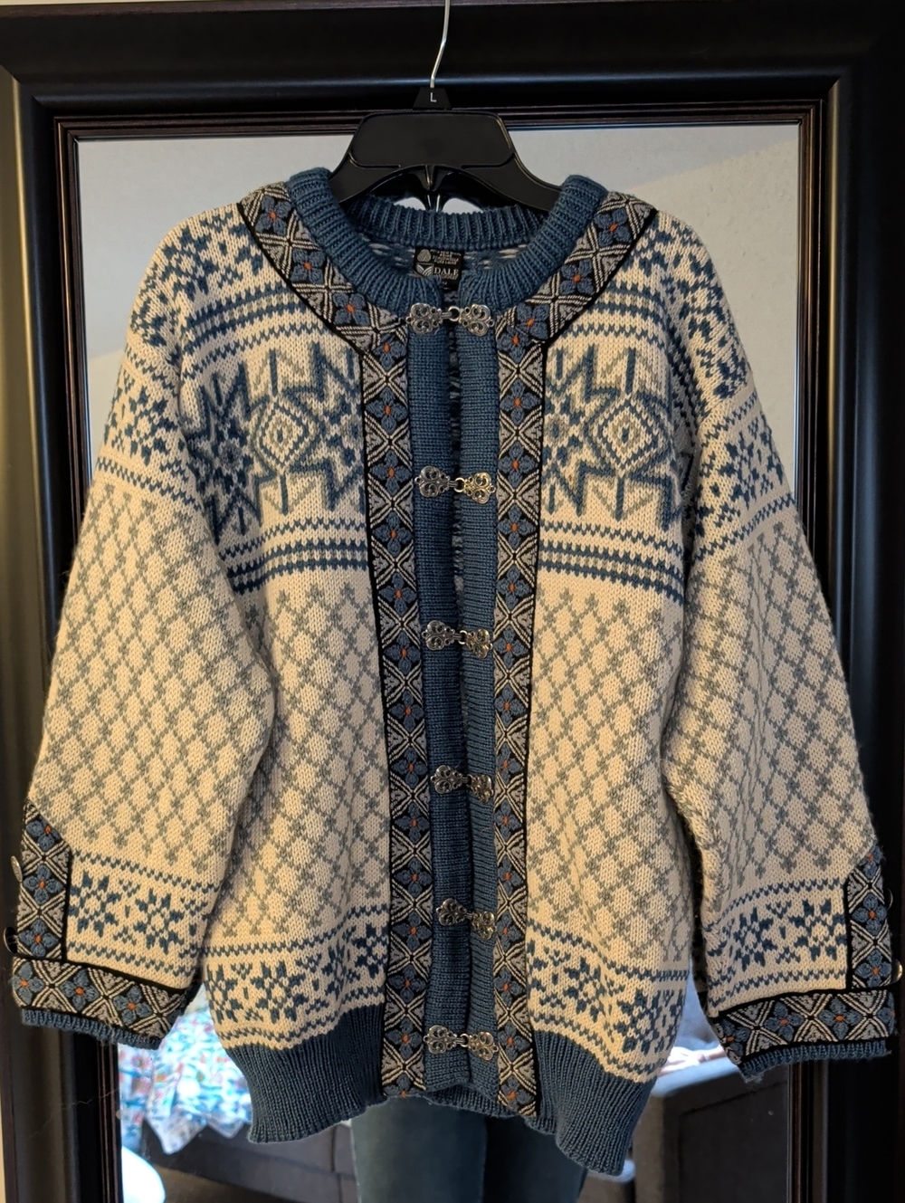 Dale of Norway 100% Wool Blue and Cream Nordicl Cardigan with Decorative Clasps
